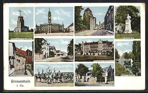 AK Grossenhain / Sachsen, Poststrasse, An der Promenade, Johannes-Allee, Mühlgraben, einrückende Patrouille