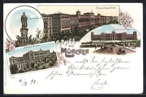 Lithographie München, Regierungsgebäude, Maximilianeum, National Museum & Statue Maximilian II
