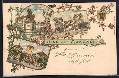 Lithographie München, Strassenpartie am Isarthor, Propyläen