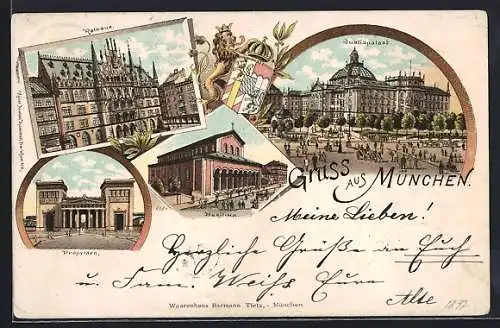 Lithographie München, Rathaus, Propyläen, Basilika, Justizpalast, Wappen