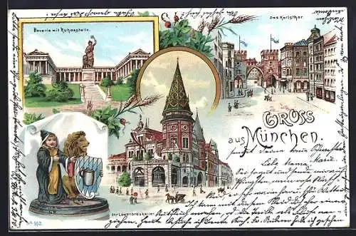 Lithographie München, Bavaria mit Ruhmeshalle, Löwenbräukeller Stiglmaierplatz, Münchner Kindl mit Bayr. Löwen