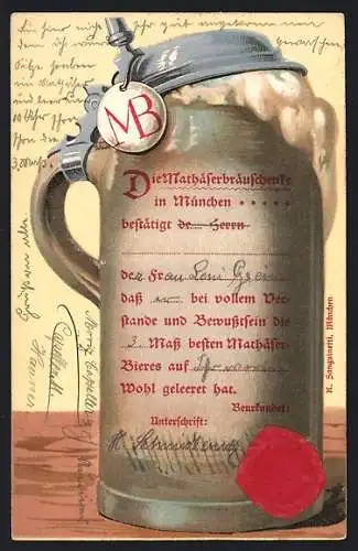 Präge-AK München, Bierkrug Gasthaus Mathäserbräu