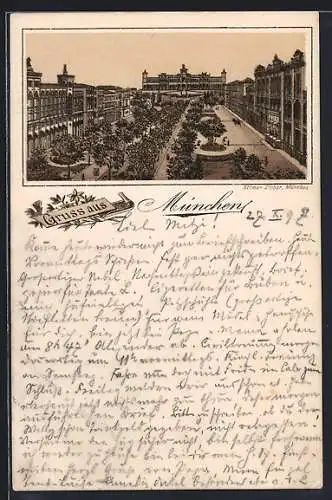 Lithographie München, Maximilianstrasse mit Schloss, Verlag Ottmar Zieher