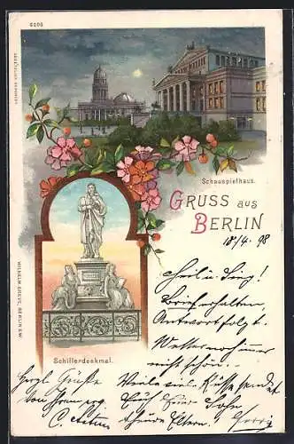 Lithographie Berlin, Partie am Schauspielhaus Gendarmenmarkt, Schillerdenkmal