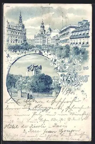 Lithographie Frankfurt, Rossmarkt mit Hessendenkmal