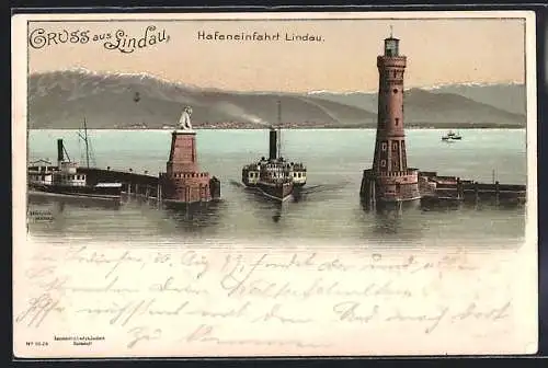 Lithographie Lindau / Bodensee, Dampfer fährt in den Hafen ein