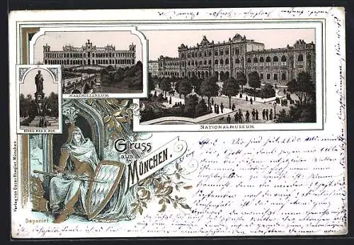 AK München, Partien am Nationalmuseum, Maximilianeum und König Max II Monoment