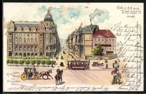 Lithographie Dresden, König-Johann-Strasse und Pirnaischer Platz mit Strassenbahn, Klappbare Gebäude