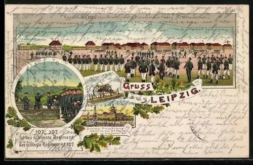 Lithographie Leipzig, Kaserne des VIII. Infanterie-Regiments Prinz-Johann Georg Nummer 107, Schiessstände am Bienitz