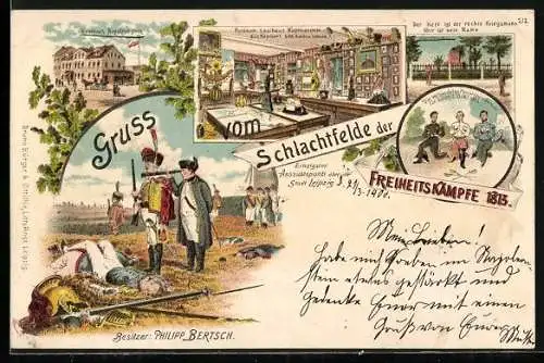 Lithographie Leipzig, Gasthaus Napoleonstein mit Museum, Napoleon während der Schlacht