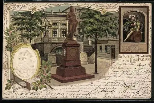 Lithographie Leipzig, Johann Wolfgang Goethe-Denkmal auf dem Naschmarkt vis a vis Auerbachs-Keller, Goetheporträt