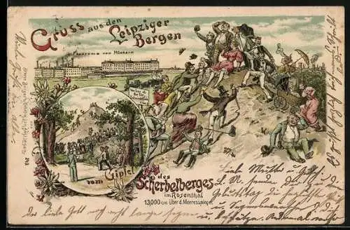 Lithographie Leipzig-Möckern, Besucher auf dem Scherbelberg im Rosenthal