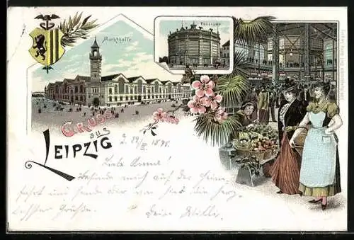 Lithographie Leipzig, Die Markthalle mit Innenansicht, Panorama