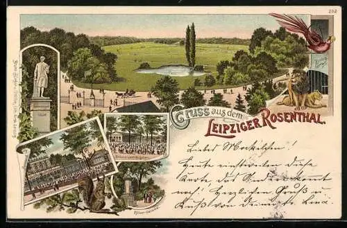 Lithographie Leipzig, Gasthaus im Schweizerhäuschen, Zöllner-Denkmal, Zoolog. Garten