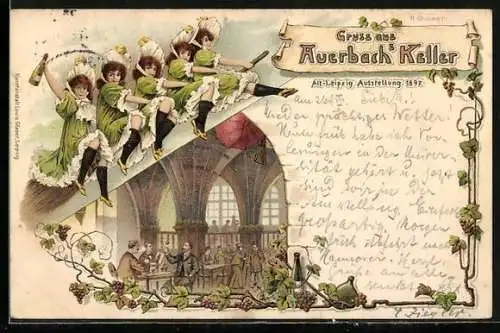 Lithographie Leipzig, Auerbach`s Keller, Frauen mit Weinflaschen
