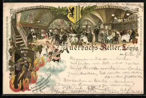Lithographie Leipzig, Auerbach`s Keller, Göthe-Zimmer mit Gästen