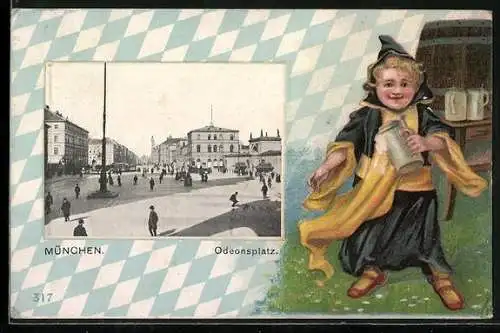 Präge-AK München, Der Odeonsplatz, Passepartout mit Münchner Kindl