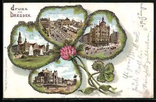 Passepartout-Lithographie Dresden, Hauptbahnhof, Der Kaiser-Palast, Das Kgl. Schloss, Kleeblatt-Passepartout