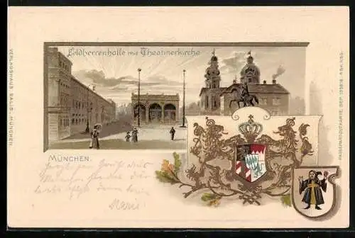 Passepartout-Lithographie München, Odeonsplatz u. Wappen