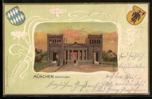 Passepartout-Lithographie München, Propyläen im Abendlicht, Wappen
