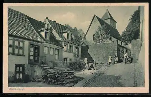 AK Weilerbach b. Kaiserslautern, Strassenpartie am Eingang zur Kirche