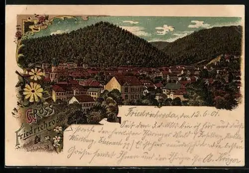 Lithographie Friedrichroda, Ortspartie mit Berglandschaft