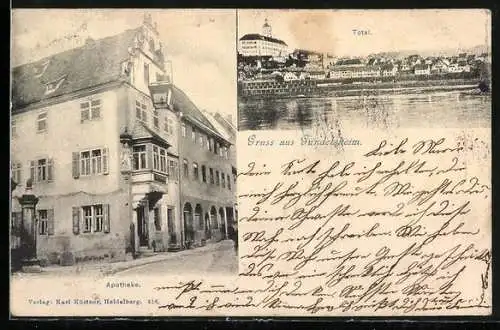 AK Gundelsheim, Strassenpartie an der Apotheke, Ortsansicht mit Blick zum Schloss
