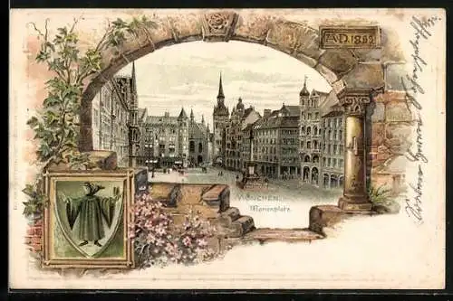 Passepartout-Lithographie München, Marienplatz, Wappen
