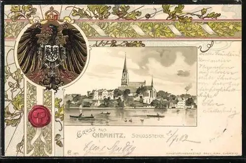 Passepartout-Lithographie Chemnitz, Schlossteich und Wappen