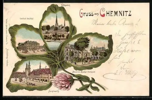 Passepartout-Lithographie Chemnitz, Börse mit Becker-Denkmal, Kirche, umrahmt von einem Kleeblatt