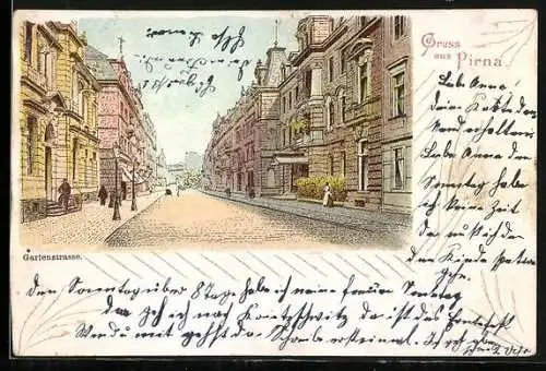 Lithographie Pirna, Partie in der Gartenstrasse