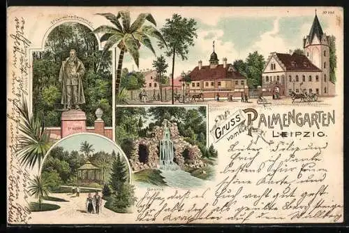 Lithographie Leipzig, Palmengarten, Dr. Carl Heine-Denkmal, Grotte