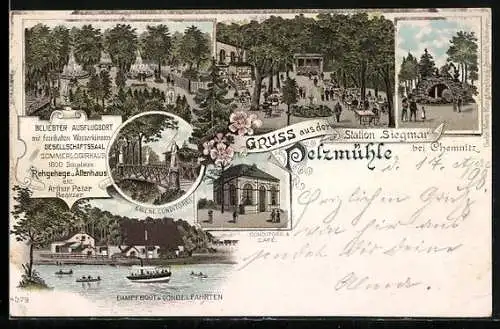 Lithographie Chemnitz, Gasthaus Pelzmühle in Siegmar, Konditorei, Parkanlagen, Terrasse, Dampfboot, Gondeln