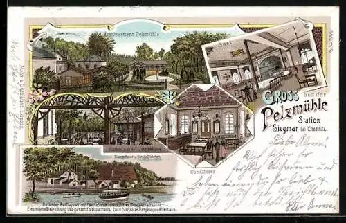 Lithographie Chemnitz-Siegmar, Etablissement Pelzmühle mit Saal, Conditorei