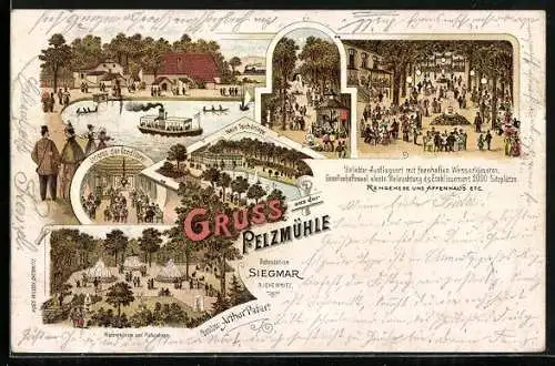 Lithographie Siegmar bei Chemnitz, Gaststätte Pelzmühle A. Peter mit Garten- und Innenansicht, Dampfer