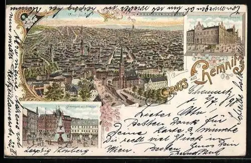 Lithographie Chemnitz, Ortsansicht aus der Vogelschau, Kaiserl. Postamt, Neumarkt mit Fontaine