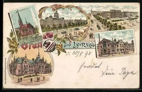Lithographie Leipzig, Pleissenburg, Museum, Markthalle, Lutherkirche und die Buchhändlerbörse
