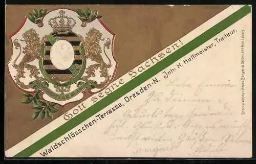 Präge-AK Dresden-N, Gasthaus Waldschlösschen-Terrasse, Inh. H. Hoffmeister, Wappen-Passepartout