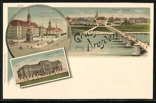 Lithographie Dresden, Blick auf die Neustadt, Das Finanz-Ministerium, Die Hauptstrasse