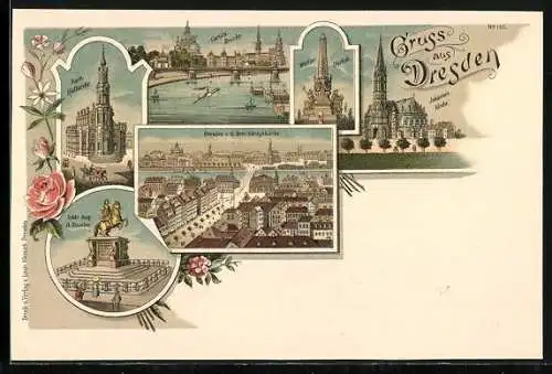 Lithographie Dresden, Ortsansicht von der Dreikönigskirche, Wettin-Obelisk, Die Carola-Brücke