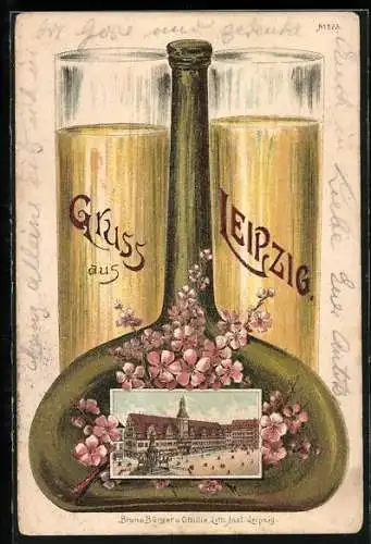 Passepartout-Lithographie Leipzig, Gose-Flasche, Denkmal am Rathaus