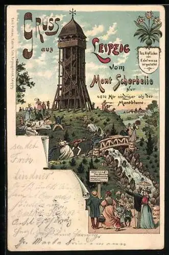 Lithographie Leipzig, Mont Scherbelic, nur 4670 Meter niedriger als der Montblanc, Scherz
