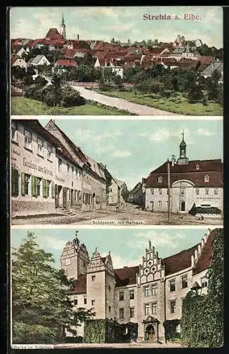 AK Strehla a. E., Ortsansicht mit Gasthaus zum Schwan und Schlossstrasse