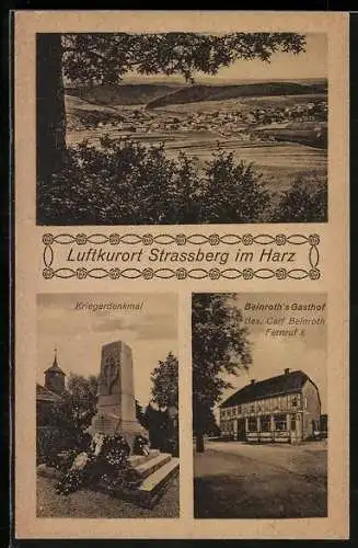AK Strassberg /Harz, Beinroths Gasthof, Kriegerdenkmal, Ortsansicht