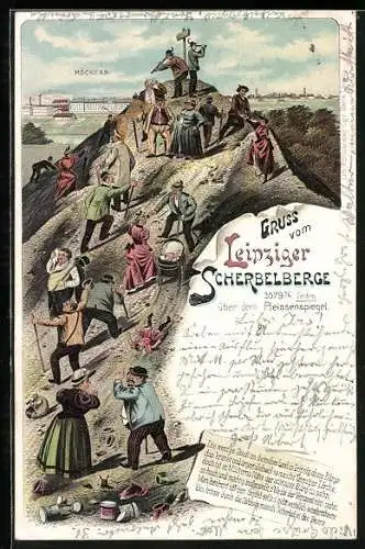 Lithographie Leipzig, Scherbelberg mit Besuchern, Blick auf Möckern