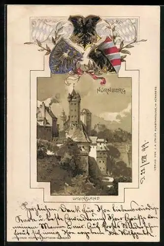 Passepartout-Lithographie Nürnberg, Blick auf Luginsland, Wappen