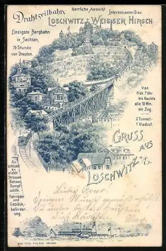 Lithographie Dresden-Loschwitz, Drahtseilbahn zum Restaurant Luisenhof