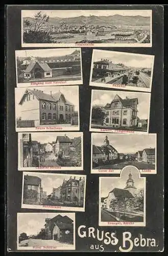 AK Bebra, Bahnhof, Postgebäude, Neues Schulhaus, Casseler Strasse, Hotel Schlüter