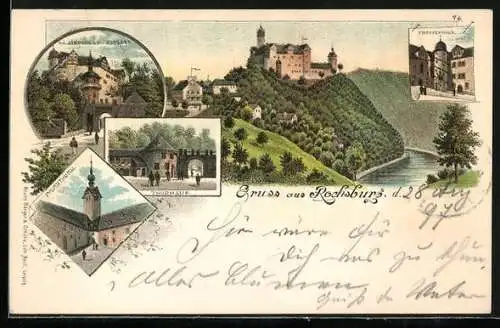 Lithographie Rochsburg, Treppenhaus, Thorhaus, Pulverthurm