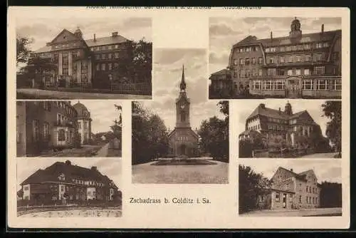 AK Zschadrass, Gasthof, Kirche, Gebäudeansichten